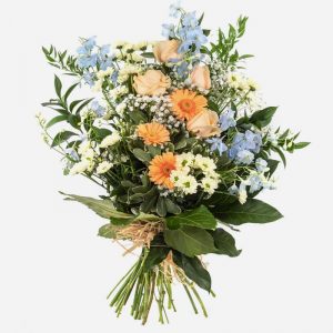 Tied sheaf of peach and blue flowers